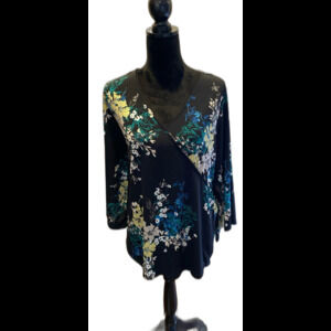 Style & Co Faux Wrap Blouse Size 1X Black Floral + Stretch 3/4 Sleeve V neck Top